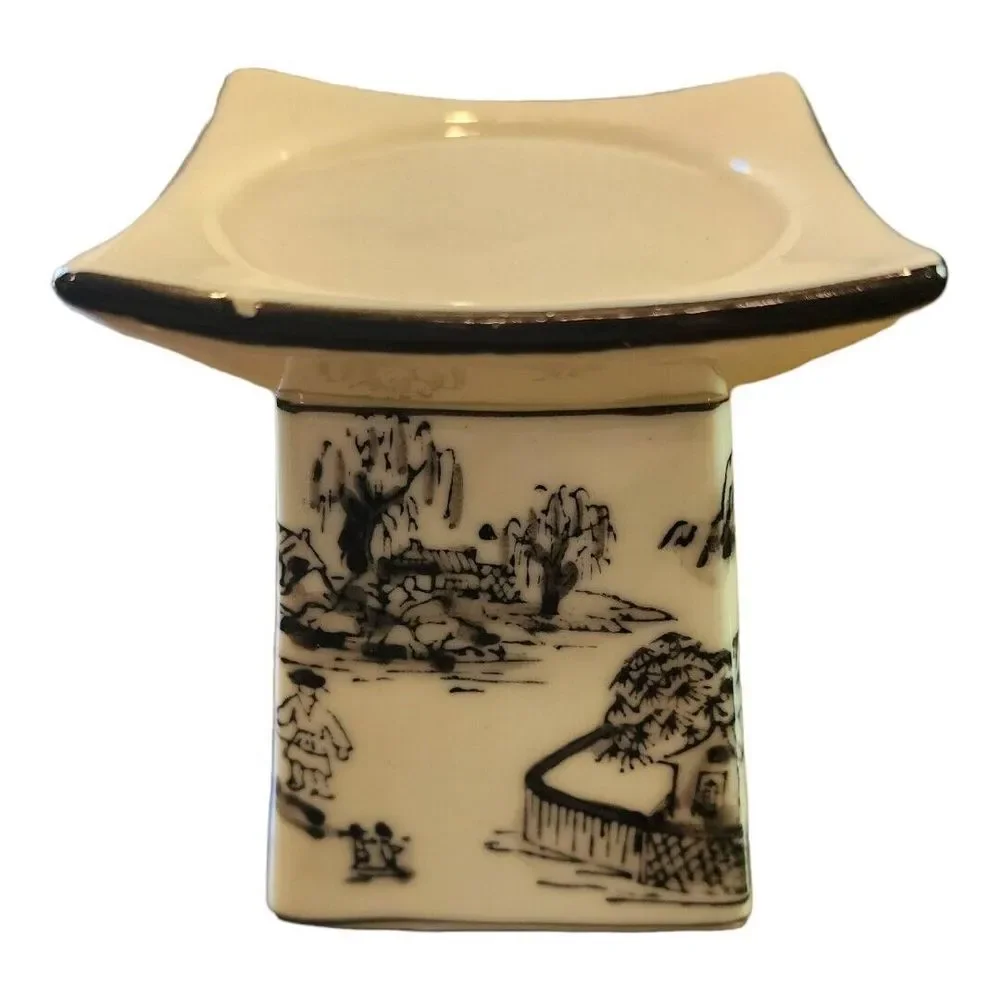 Vintage Asian Village Black Cream Square‎ Transfer Ware Candle Holder Set